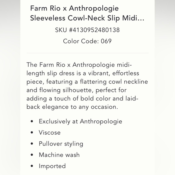 Farm Rio x Anthropologie NWT Sleeveless Cowl-Neck Slip MIDI dress size S. - Picture 6 of 7